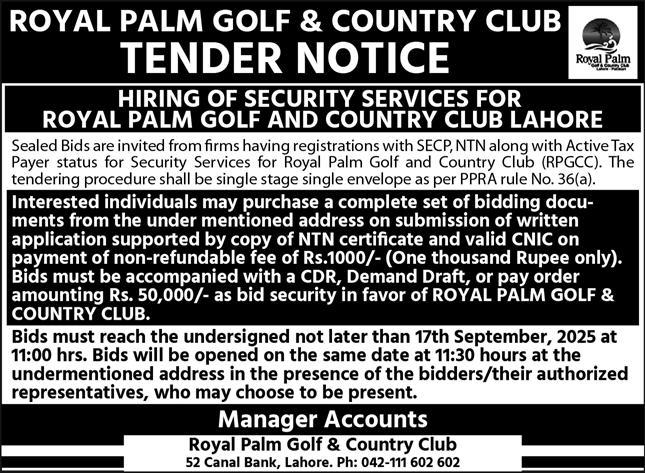 Royal Palm Golf & Country Club Lahore Tender Notice